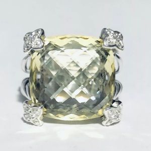 Cushion on Point Yellow Citrine Ring w/diamonds